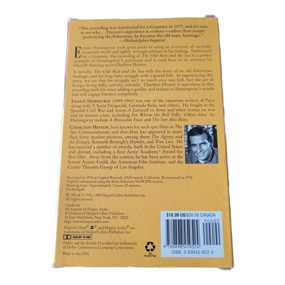 THE OLD MAN AND THE SEA Ernest Hemingway CHARLTON HESTON Caedmon Audio VTG 1998 - Picture 2 of 2